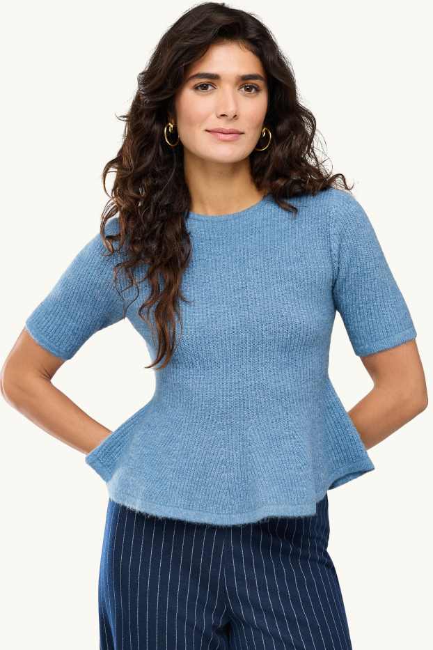 Damen - Strickpullover - kurzarm - gerippt - hellblau
