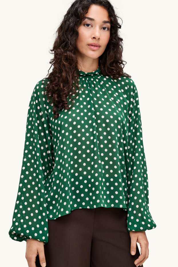 Women - Chiffon blouse - polka dot - dark green / white