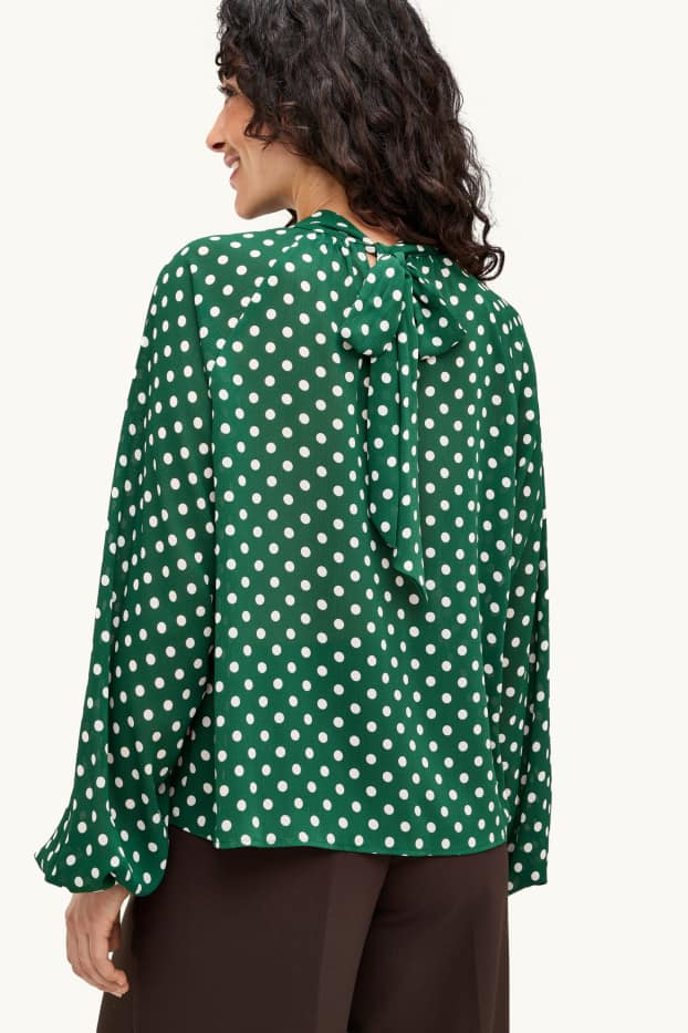 Women - Chiffon blouse - polka dot - dark green / white