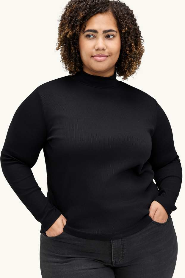Femei - Tricou cu mânecă lungă - reiat - negru
