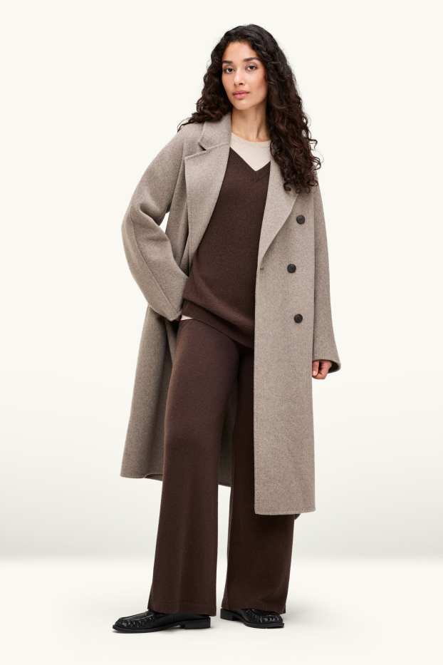 Dámské - Kašmírové kalhoty - mid waist - straight leg - tmavohnědá