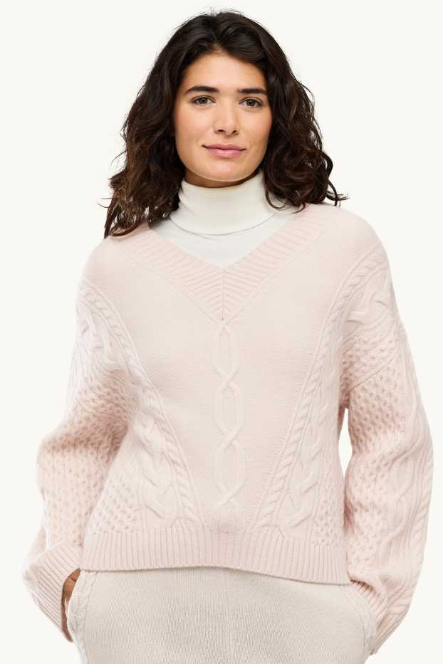 Femmes - Pull avec encolure V contenant du cachemire - laine mélangée - rose tendre