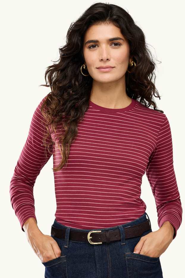 Dámské - Tričko s dlouhým rukávem - slim fit - pruhované - bordeaux