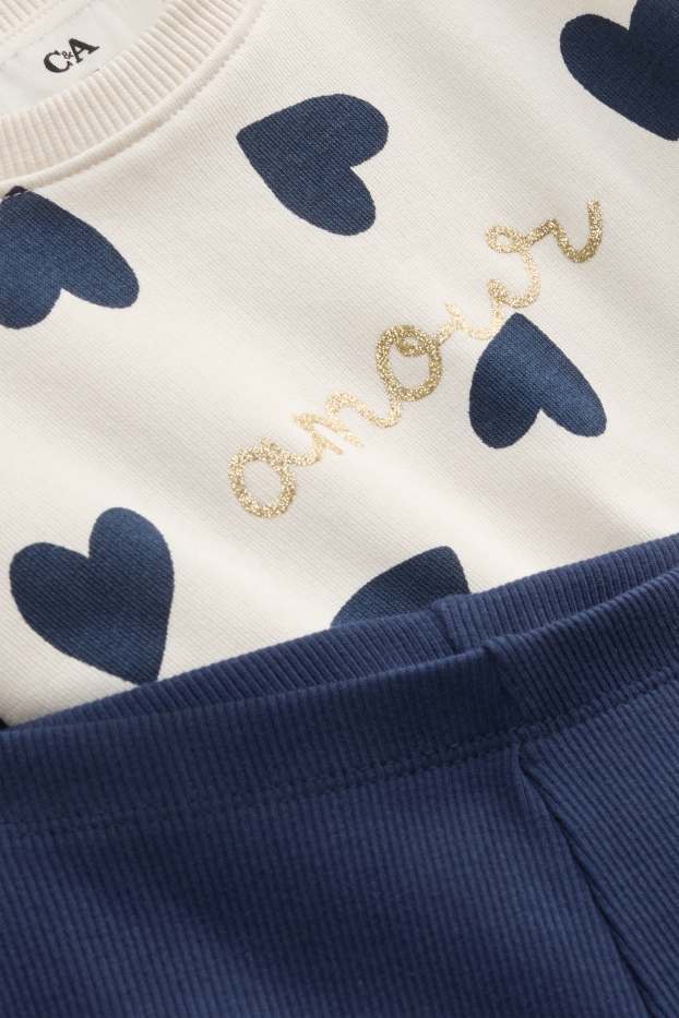 Bambine - Motivo cuori - set - felpa e leggings - 2 pezzi - blu scuro / bianco crema