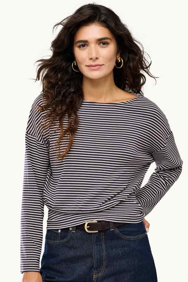 Femmes - Haut à manches longues - slim fit - à rayures - bleu foncé / blanc