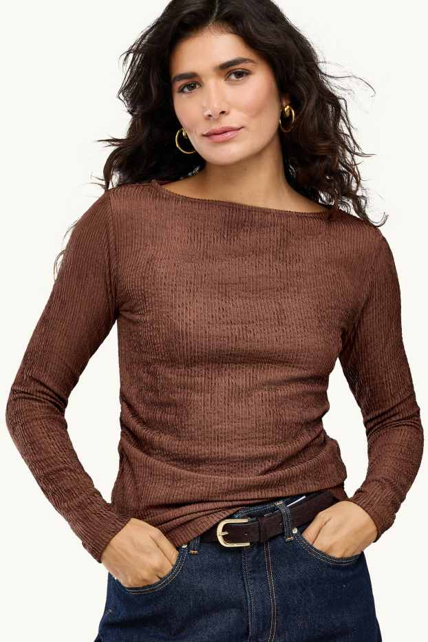 Femmes - Haut à manches longues - slim fit - finition côtelée - marron