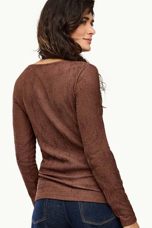 Femmes - Haut à manches longues - slim fit - finition côtelée - marron