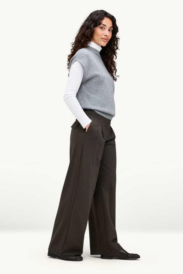 Femmes - Pantalon en toile - high waist - wide leg - finition texturée - gris foncé