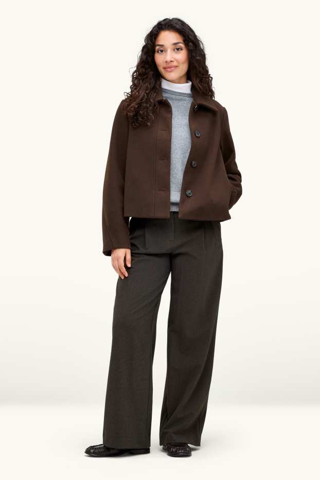 Femmes - Pantalon en toile - high waist - wide leg - finition texturée - gris foncé