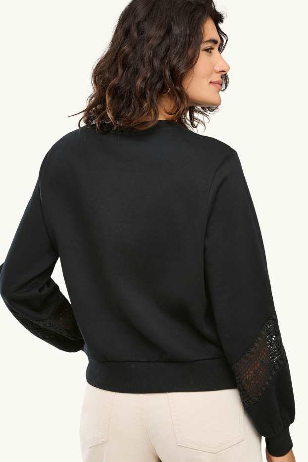 Damen - Sweatshirt - Broderie Anglaise - schwarz