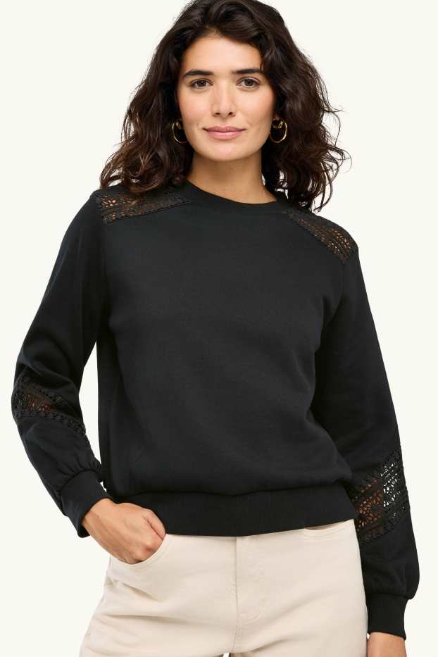 Damen - Sweatshirt - Broderie Anglaise - schwarz