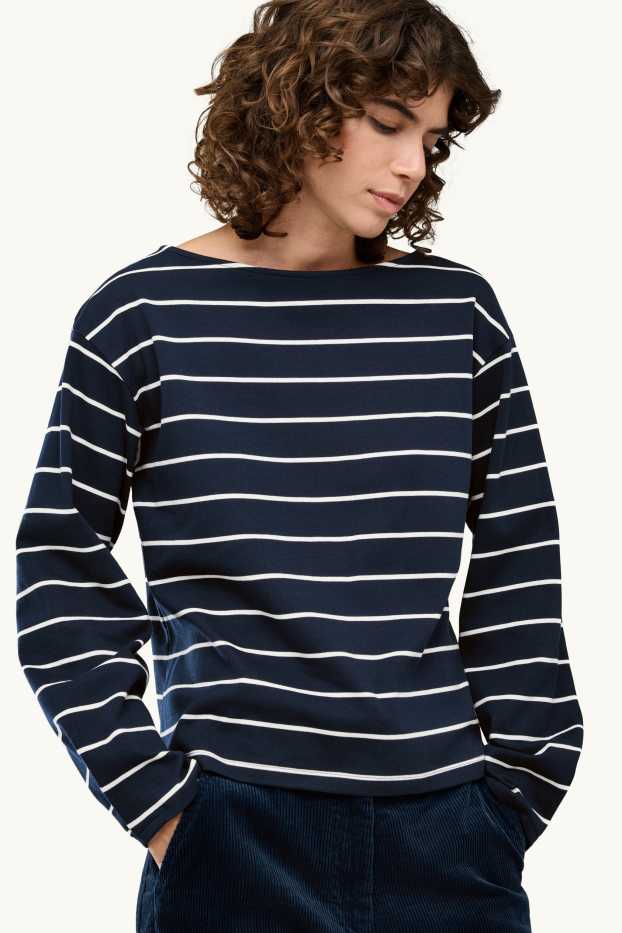 Dames - Longsleeve - regular fit - gestreept - donkerblauw / wit