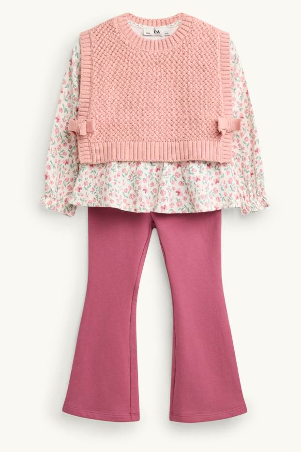 Enfants filles - Ensemble - haut en maille, chemisier et legging de coupe évasée - 3 pièces - rose / rose pâle