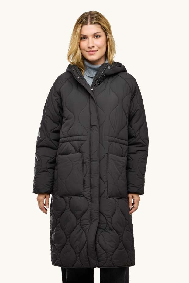 Donna - Cappotto trapuntato con cappuccio - foderato - nero
