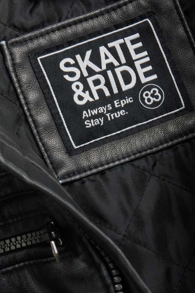 Enfants garçons - Blouson motard avec capuche - matière synthétique - noir