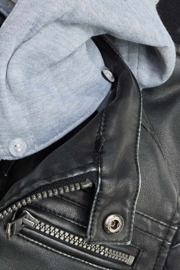 Enfants garçons - Blouson motard avec capuche - matière synthétique - noir