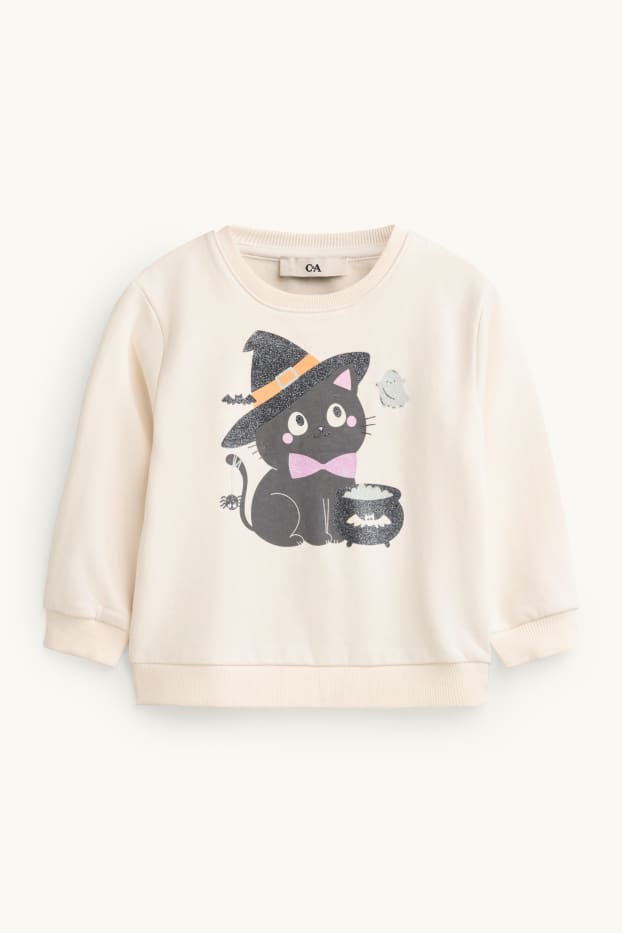 Bambine - Halloween - gatto e cappello da strega - felpa - effetto brillante - bianco crema