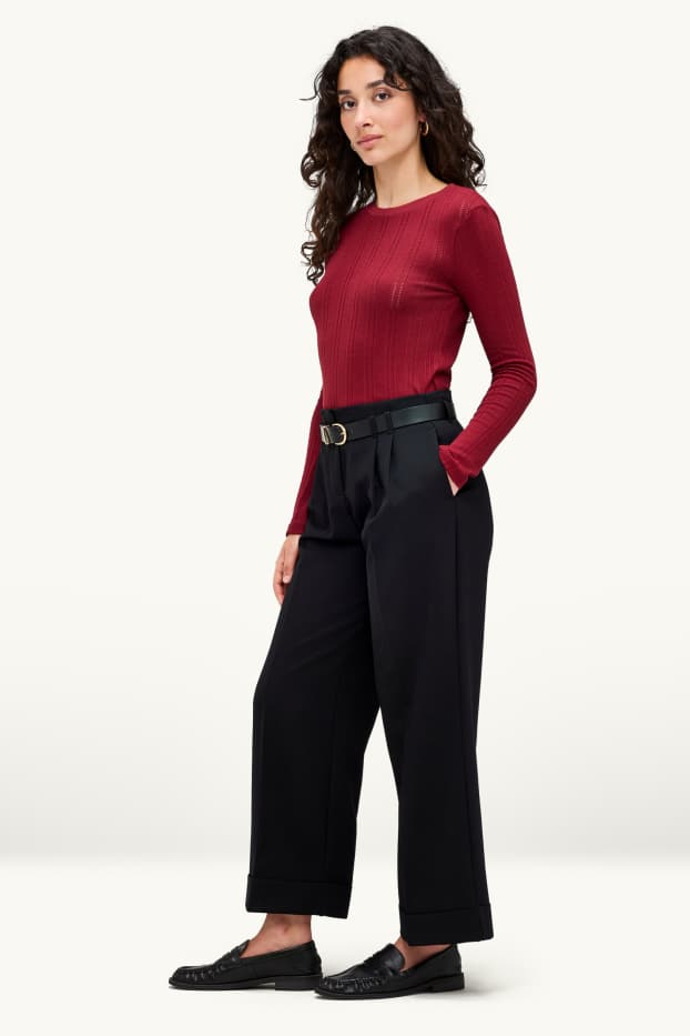 Dona - Pantalons de tela amb cinturó - high waist - wide leg - negre