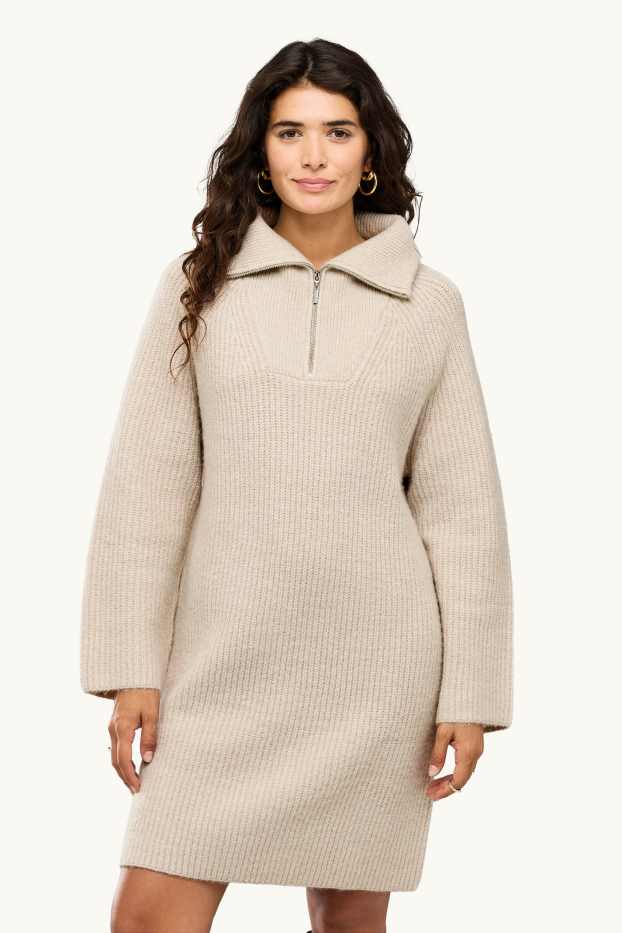 Damen - Strickkleid - Straight Fit - gerippt - cremefarben