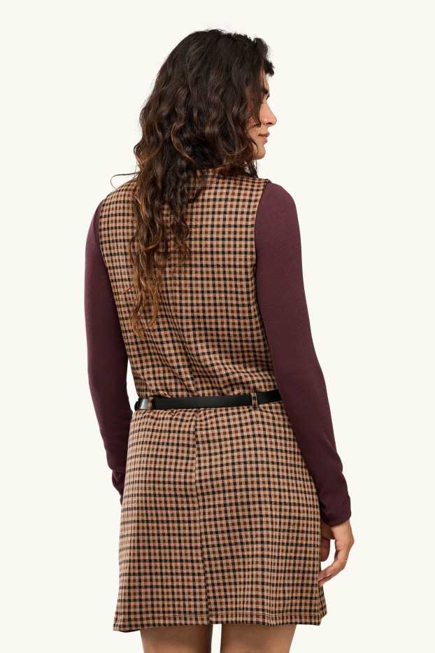 Women - Dress with belt - straight fit - check - brown