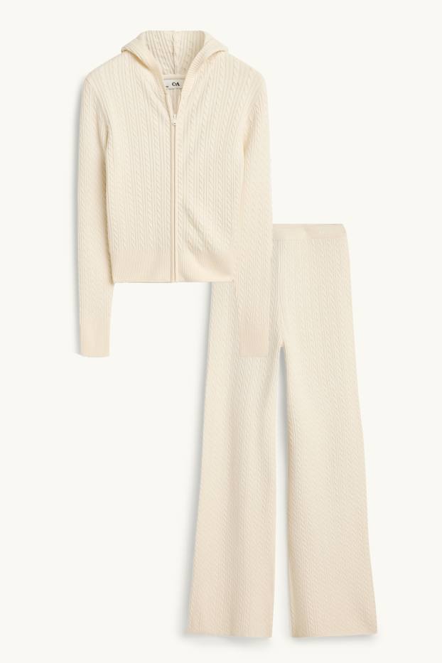 Bambine - Coordinato - cardigan e pantaloni di stoffa - 2 pezzi - motivo a treccia - crema