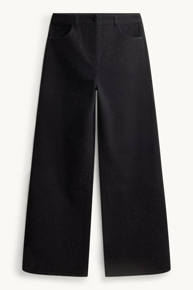 Dames - Pantalon met strass-steentjes - high waist - wide leg - zwart
