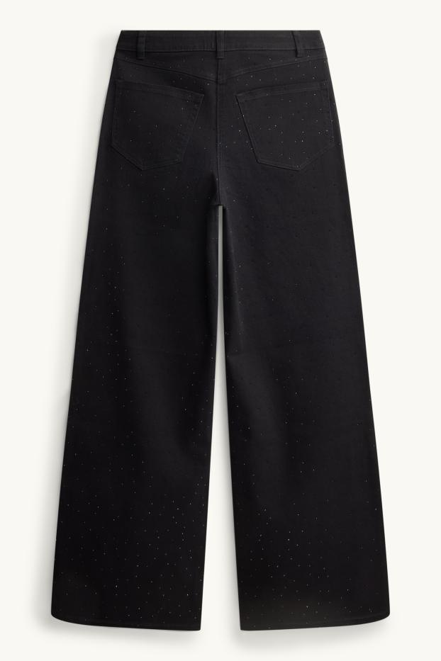 Dames - Pantalon met strass-steentjes - high waist - wide leg - zwart