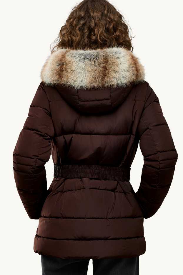 Femmes - Doudoune avec ceinture et capuche - finition déperlante - marron foncé