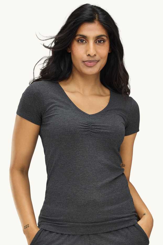 Femmes - Haut de pyjama - finition côtelée - gris anthracite
