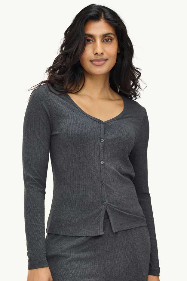 Femmes - Haut de pyjama - finition côtelée - gris foncé