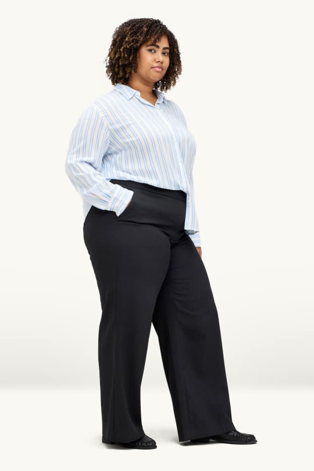 Damen - Stoffhose - High Waist - Wide Leg - schwarz