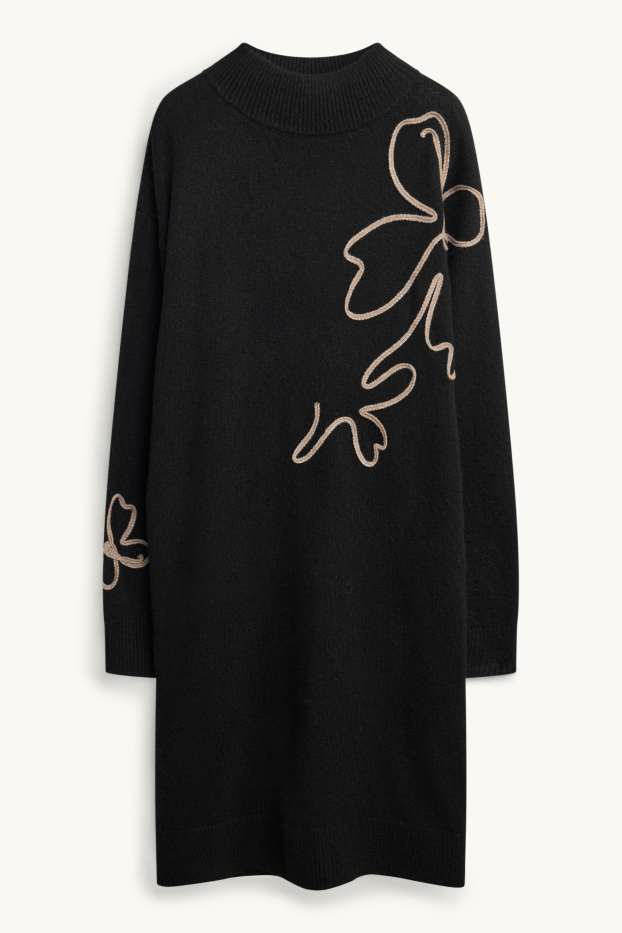 Dames - Gebreide jurk - straight fit - gebloemd - zwart