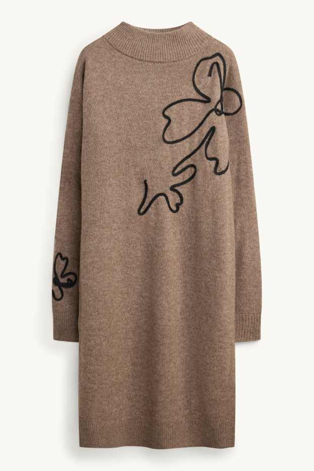 Women - Knitted dress - straight fit - floral - beige