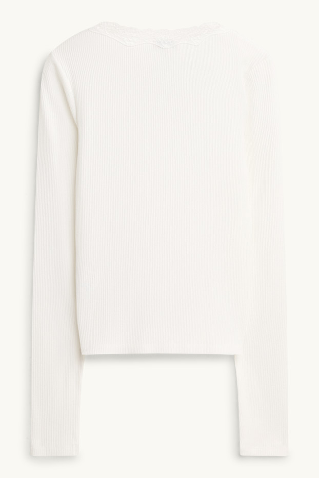 Dona - Samarreta de mànigues llargues amb coll en punta - slim fit- de canalé - blanc trencat