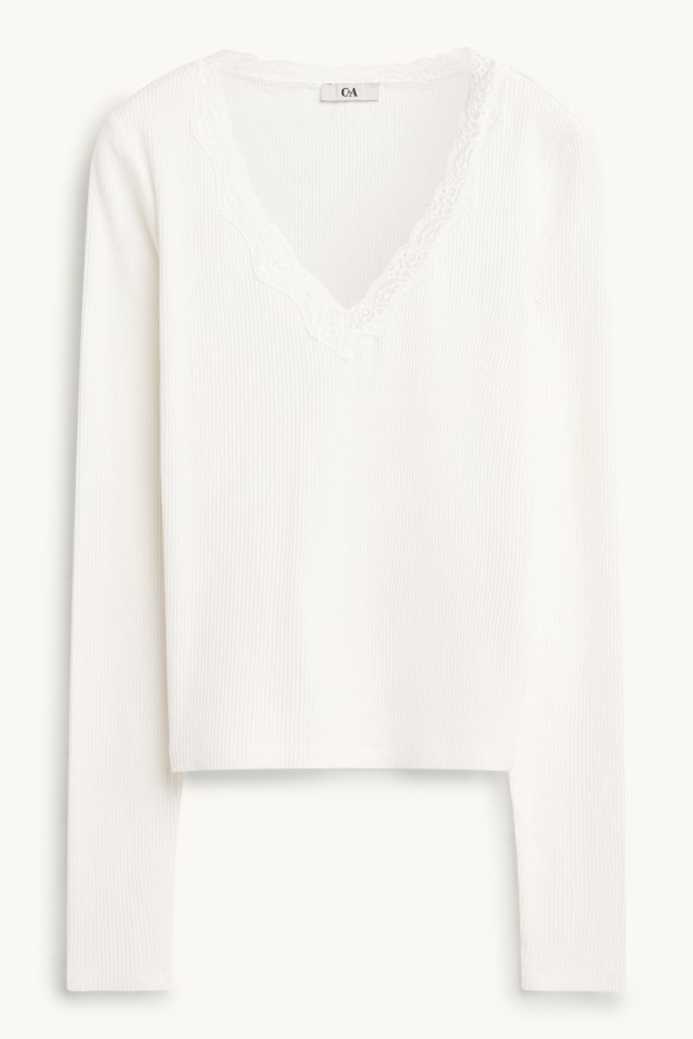 Dona - Samarreta de mànigues llargues amb coll en punta - slim fit- de canalé - blanc trencat