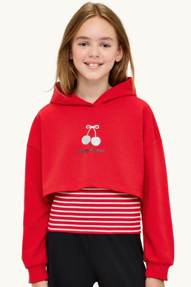 Kinder Mädchen - Kirsche - Set - Hoodie und Top - 2 teilig - Glanz-Effekt - rot / weiss