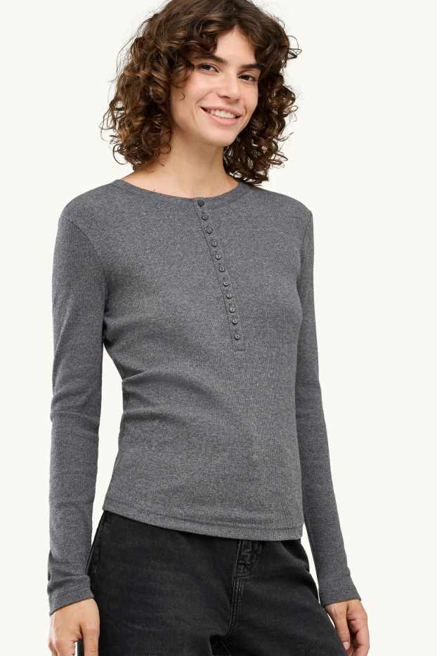Women - Henley T-shirt - slim fit - ribbed - dark gray melange