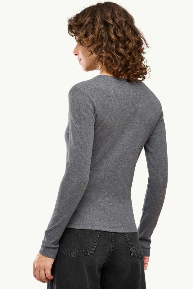 Women - Henley T-shirt - slim fit - ribbed - dark gray melange