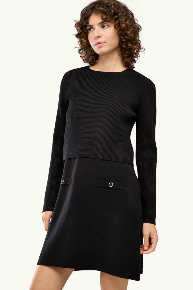 Damen - Fit & Flare Kleid - 2-in1-Look - schwarz