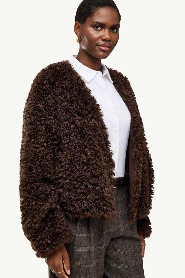 Women - Teddy fur jacket - dark brown