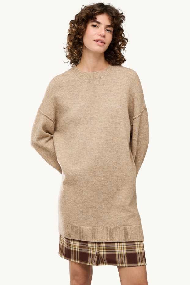 Dames - Gebreide jurk - straight fit - 2-in-1-look - beige / bruin