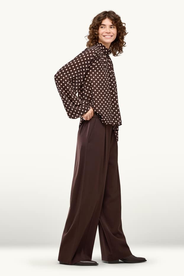 Dámské - Plátěné kalhoty - high waist - wide leg - tmavohnědá