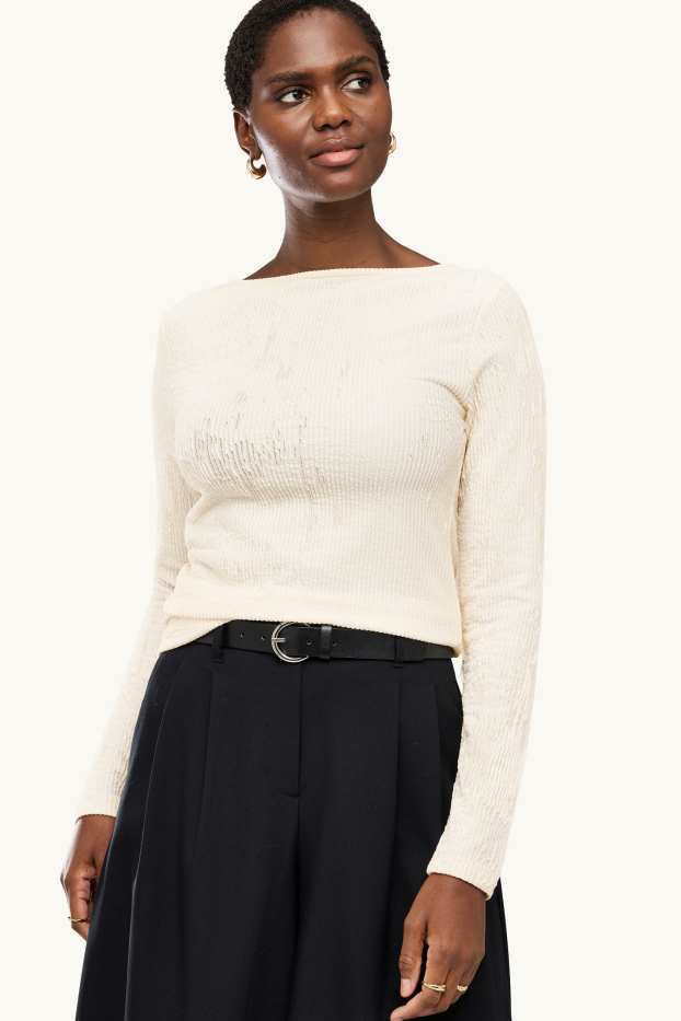 Dona - Samarreta de mànigues llargues - slim fit - acanalada - crema