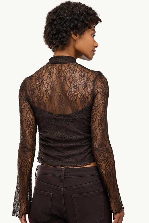 Damen - Spitzen-Langarmshirt - Slim Fit - dunkelbraun