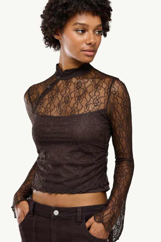 Damen - Spitzen-Langarmshirt - Slim Fit - dunkelbraun