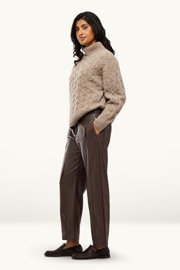 Femmes - Pantalon - mid waist - barrel leg - synthétique - marron