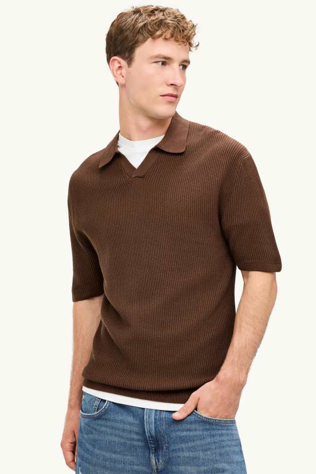 Hommes - Polo en maille - finition côtelée - marron