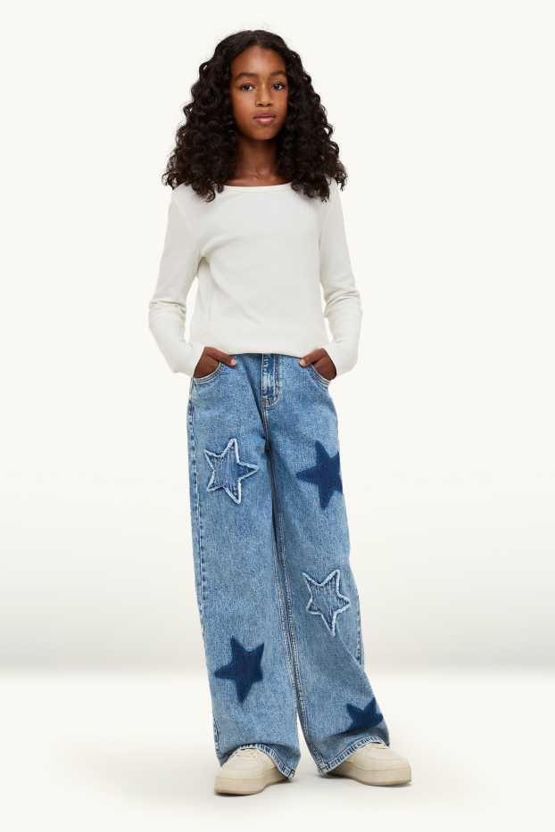 Kinderen: meisjes - Ster - wide leg jeans - jeansblauw