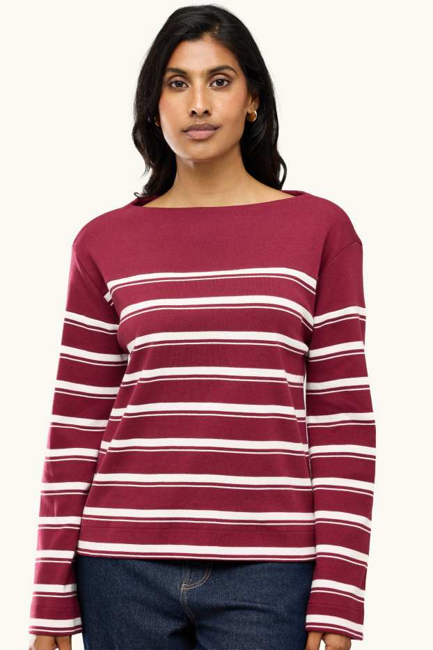 Damen - Langarmshirt - Relaxed Fit - gestreift - bordeaux / weiß