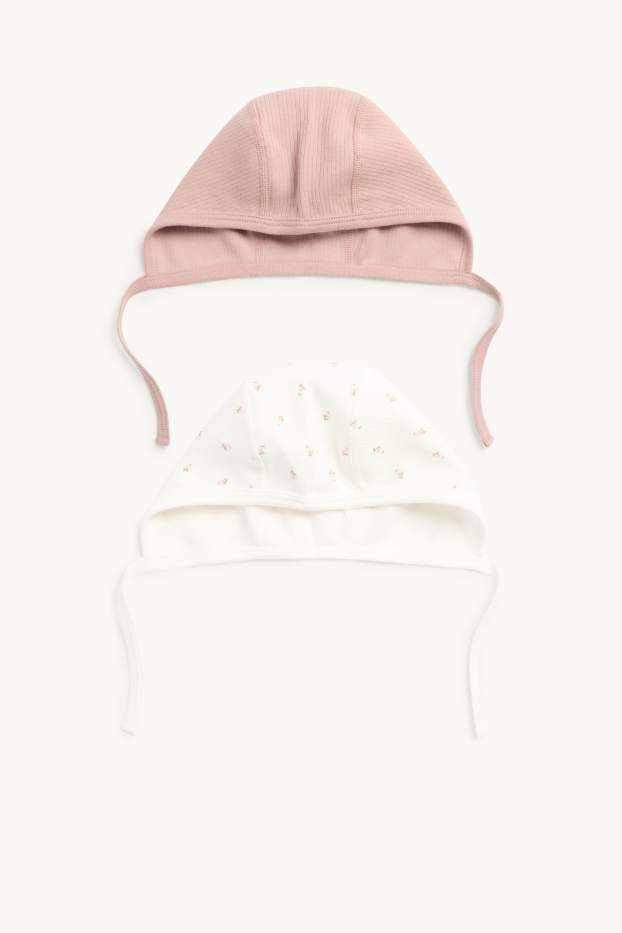 Baby: meisjes - Set van 2 - babymuts - ribstof - wit / roze